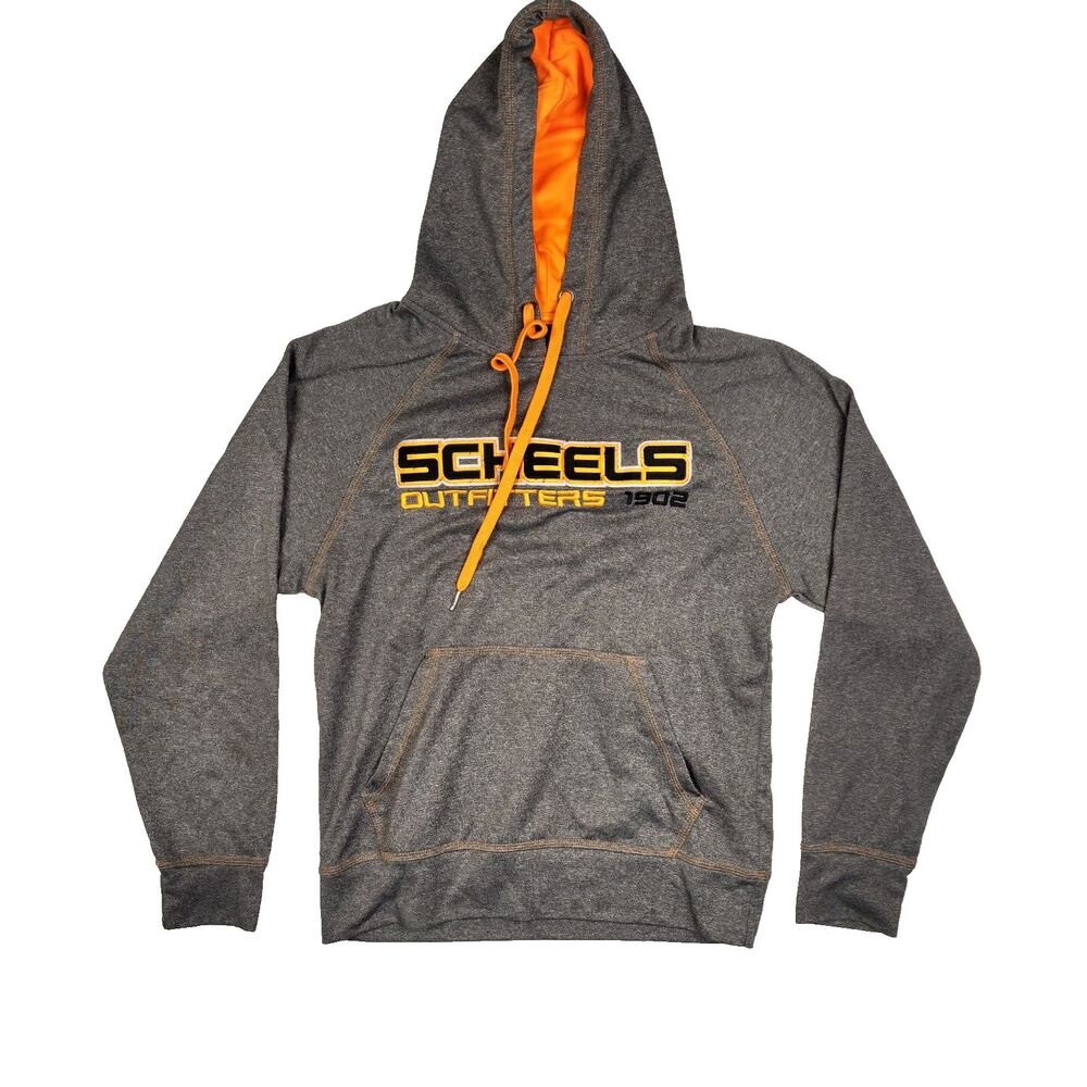 Scheels Outfitters Men's Gray Orange Hoodie Sweatshirt Small SEWN STITCHED Logo‎